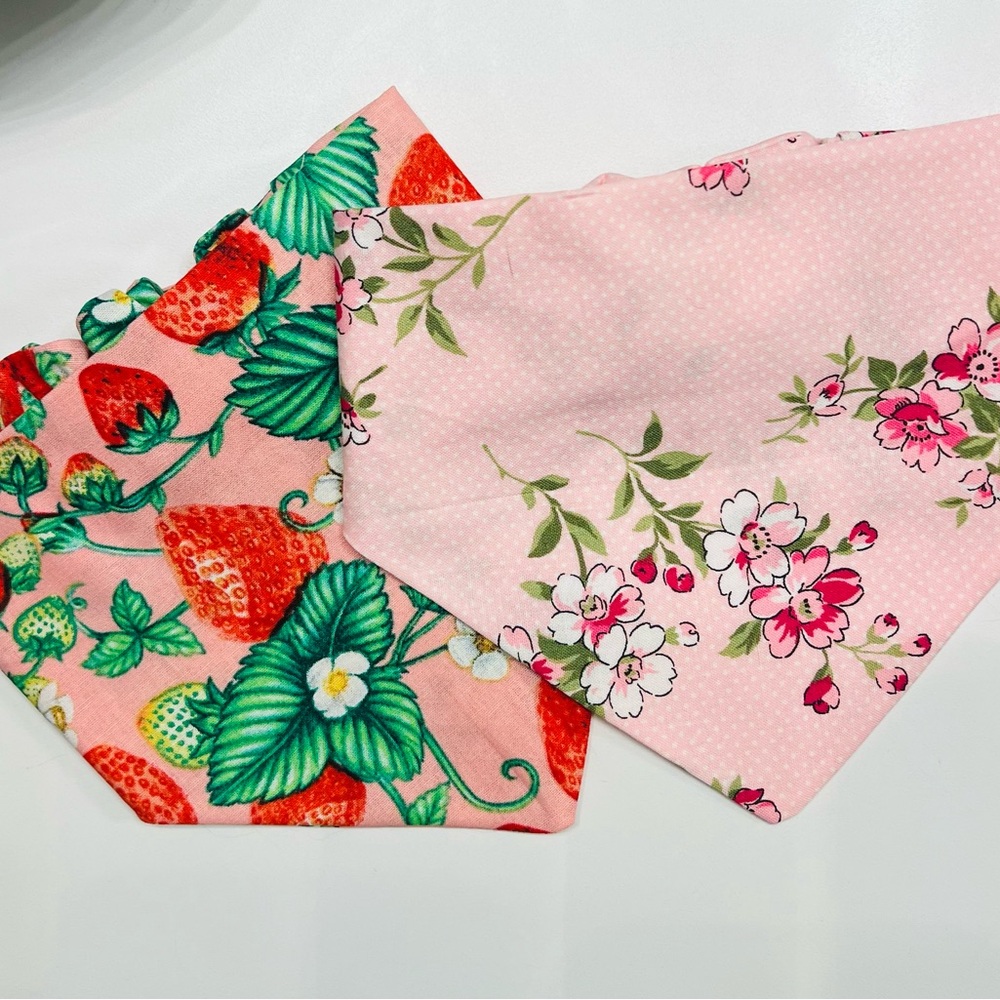Set of 2 New Floral and Strawberry Scrunchie Style Dog Bandanas